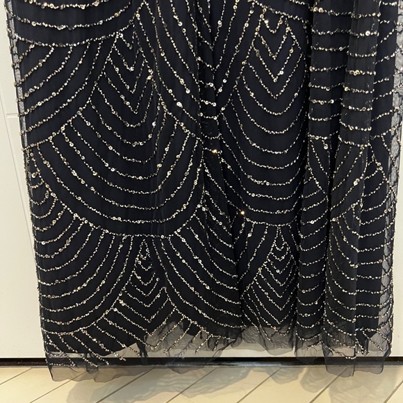 Adrianna Papell Art Deco Beaded Blouson Navy Full Length Formal Gown - Picture 12 of 14